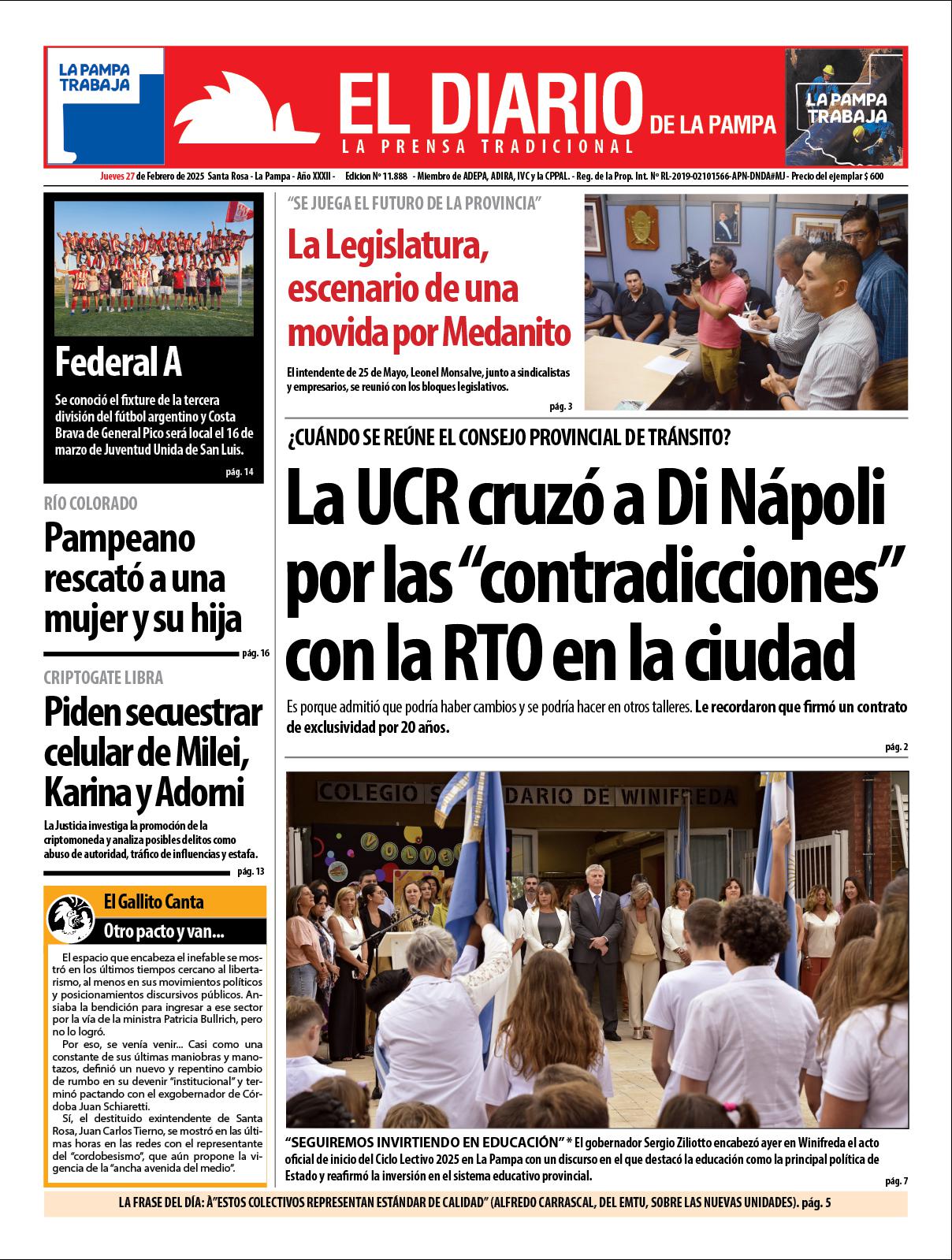 Tapa de El Diario en papel  jueves 27 de febrero de 2025